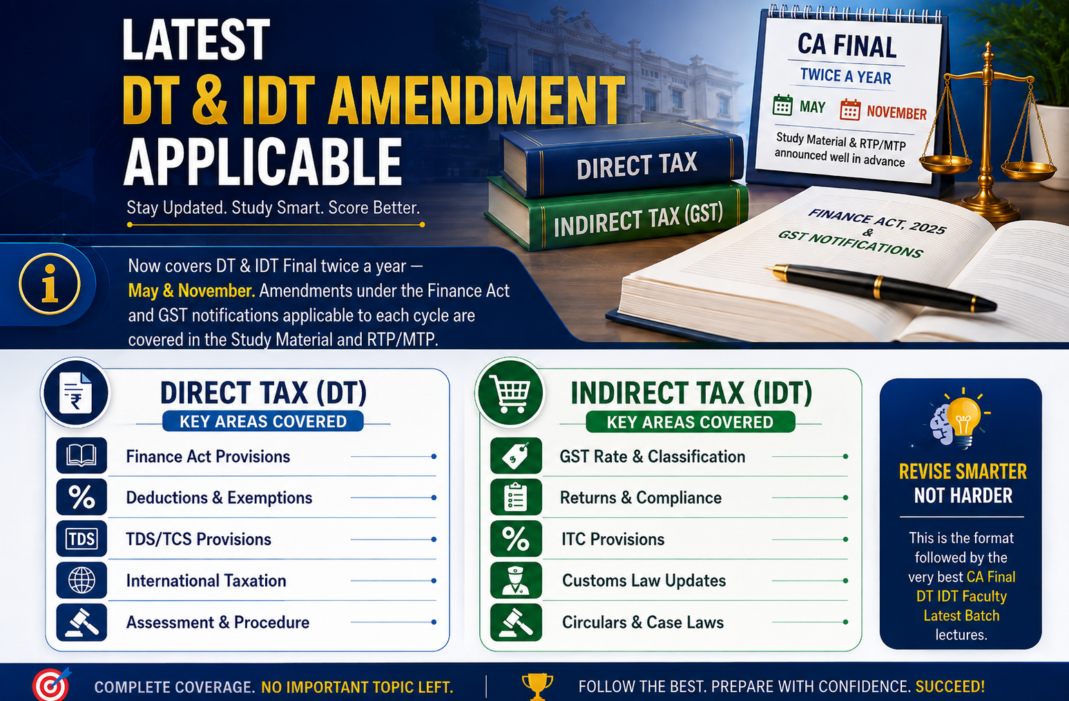 Latest ICAI amendment applicability for CA Final Direct Tax (DT) and Indirect Tax (IDT) based on Finance Act 2026 and GST notifications.