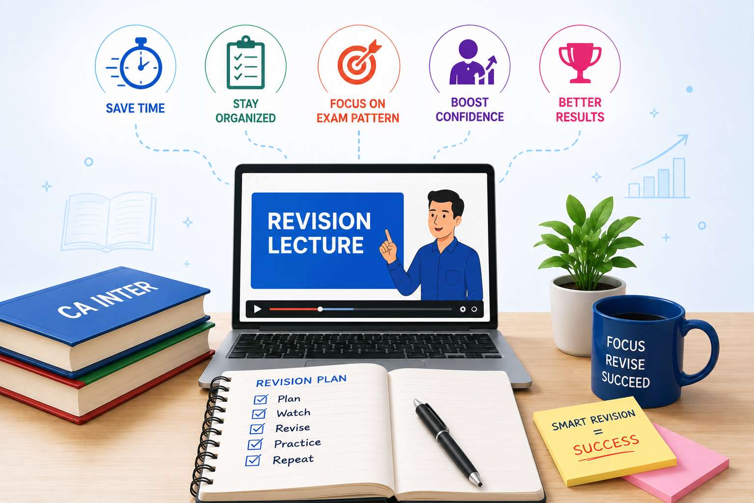 Colorful study setup with a CA Inter revision lecture on a laptop, study books, revision plan, and visual reminders for focused exam preparation.