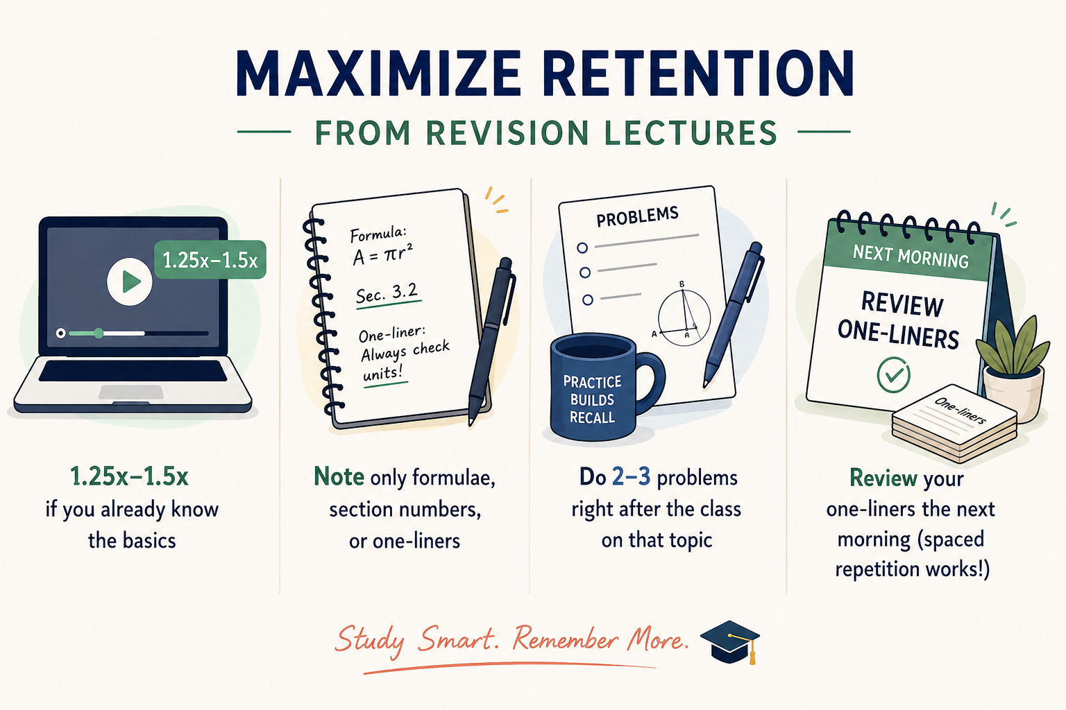 Infographic showing four revision lecture retention tips for CA students: watch at 1.25x–1.5x speed, note key formulas and one-liners, solve 2–3 problems, and review the notes the next morning.
