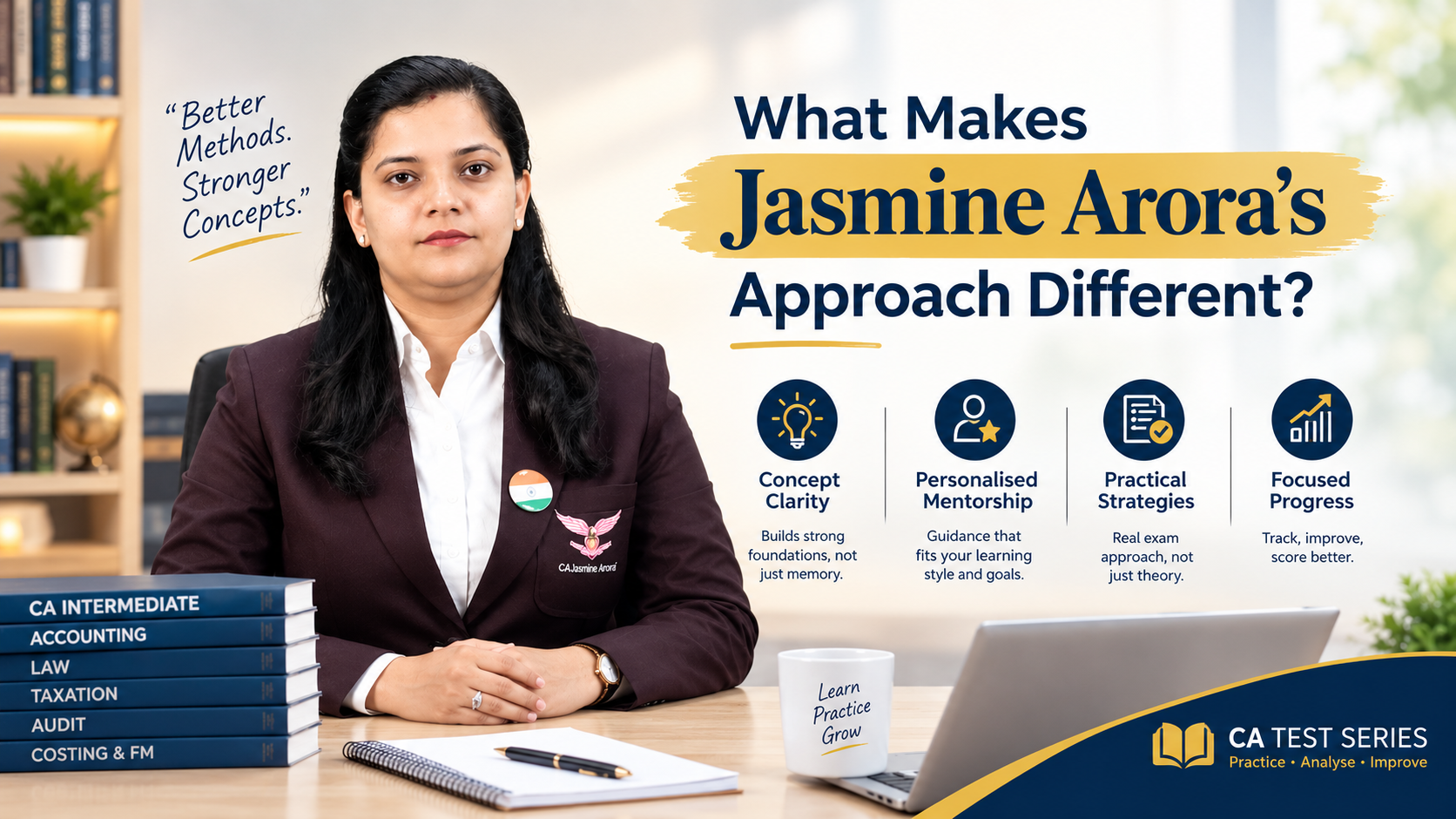 Jasmine Arora presenting a professional CA Test Series approach focused on concept clarity, personalised mentorship, practical exam strategies, and focused student progress.