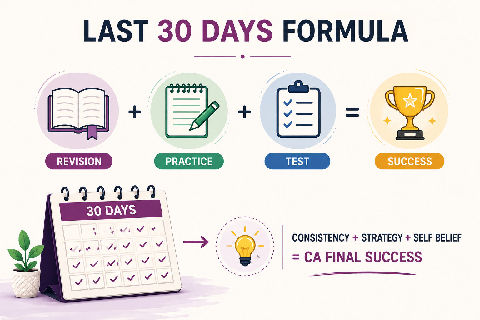 Infographic showing the last 30 days CA Final preparation formula: Revision + Practice + Test = Success, with a 30-day calendar and a message highlighting consistency, strategy, and self-belief