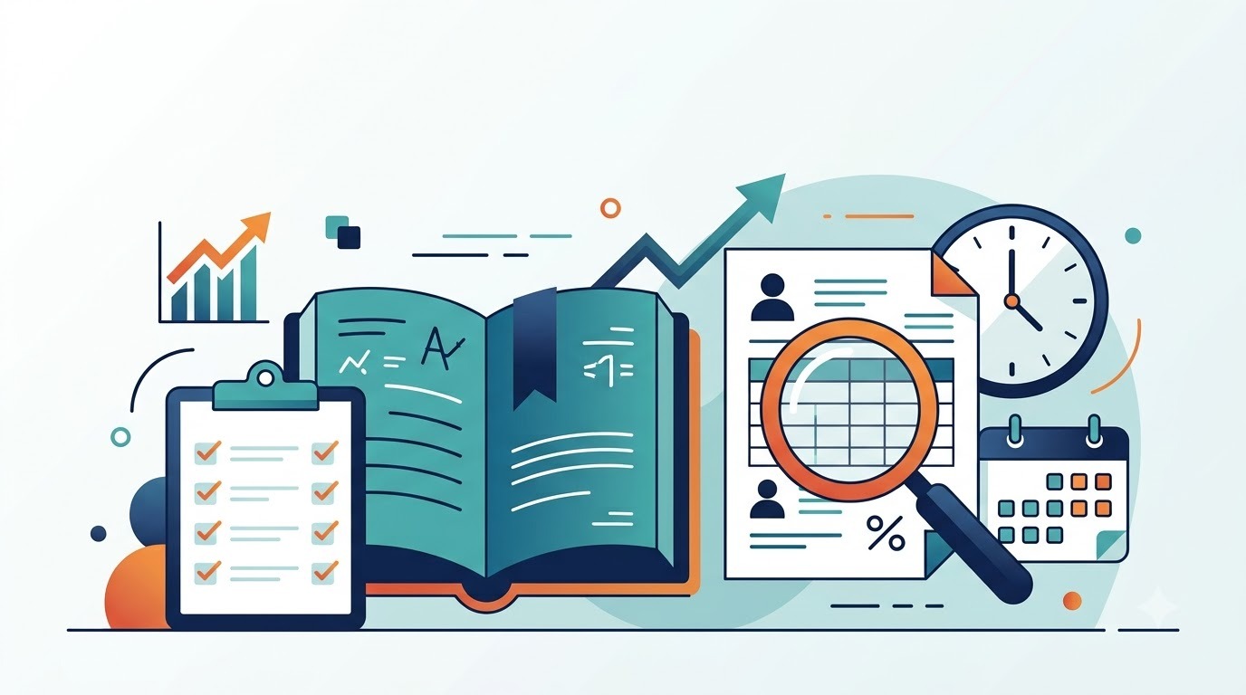 Infographic-style illustration showing audit exam preparation elements — a checklist, magnifying glass over a document, calendar, and progress graph — in navy blue, teal, and orange, representing how to prepare for CA Inter Audit.