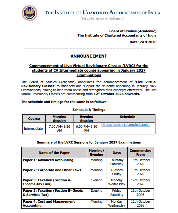 ICAI LVRC for CA Inter Jan 2027: Schedule & Timings