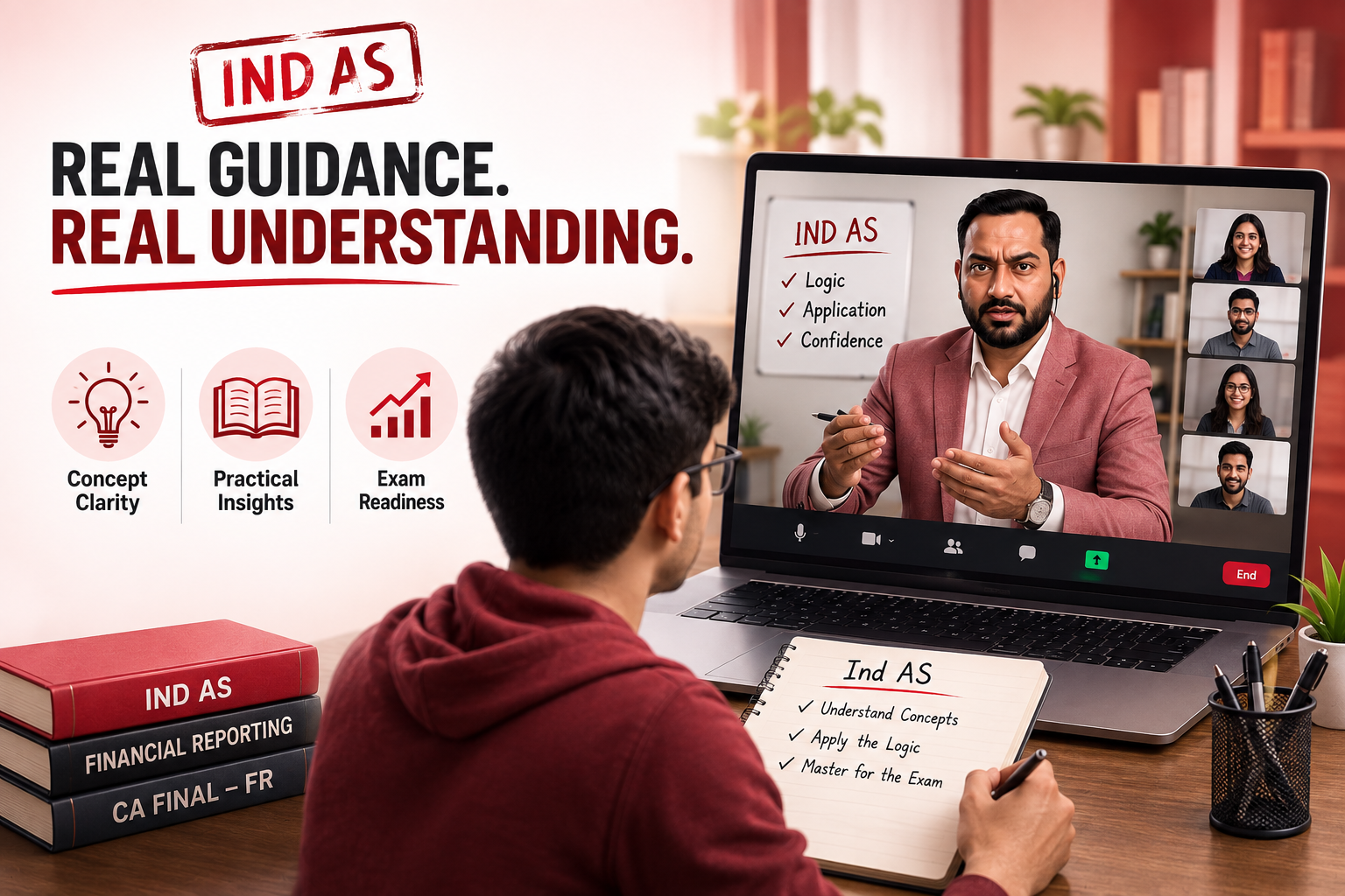 CA Inderjeet Monga teaching Ind AS through an online class with a student taking notes