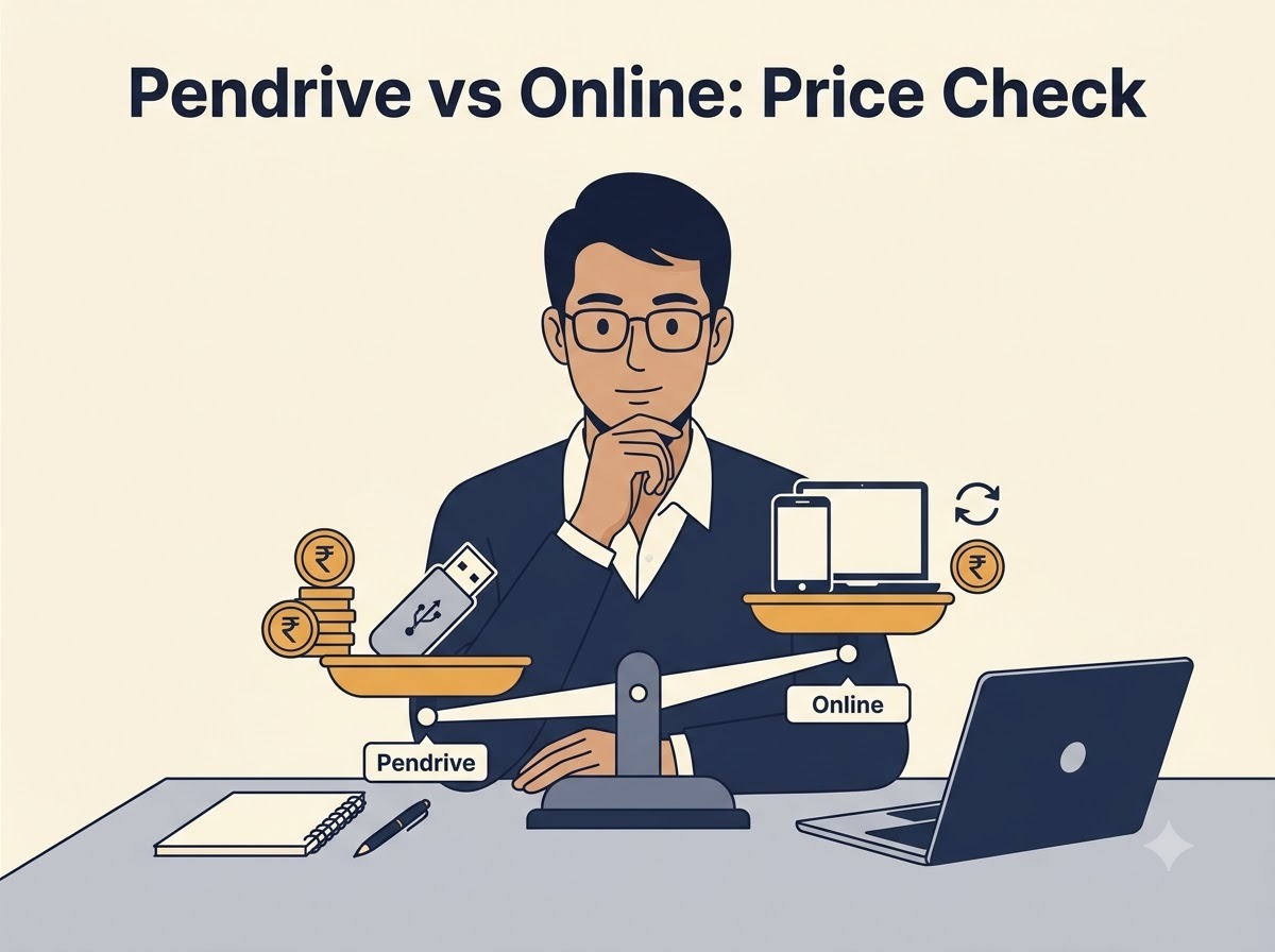 Mature CA student weighing pendrive vs online CA Inter Law lecture
price on a balance scale